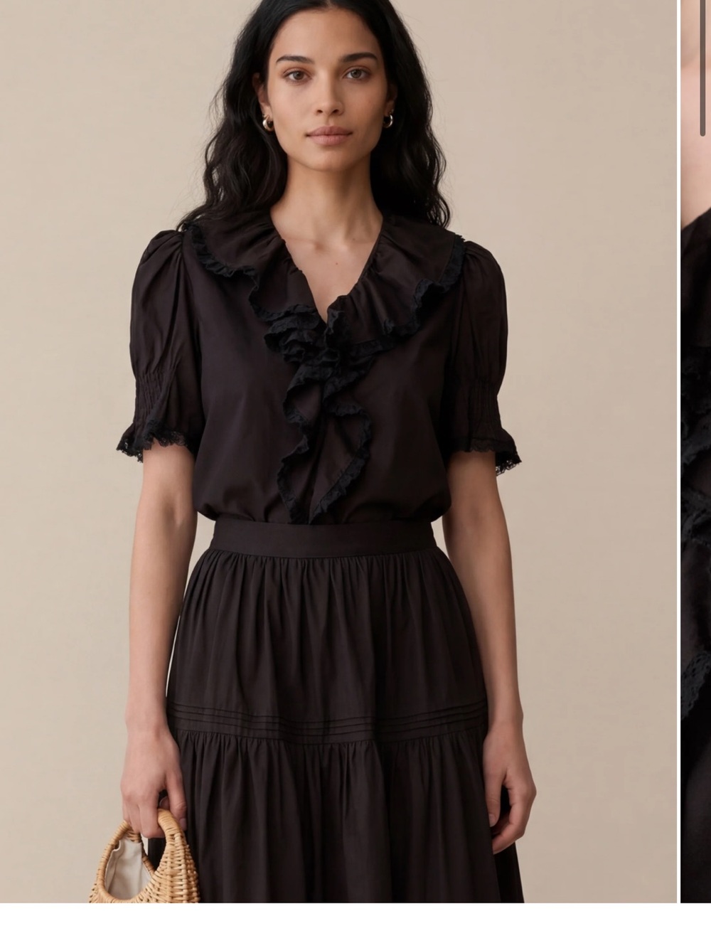 SORELLA SORA COTTON TOP Women's Black Ruffled V-Neck Blouse